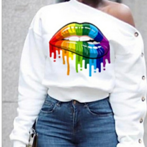 lovely casual Tops - Rainbow Drip Lip Asymmetric Sweatshirt